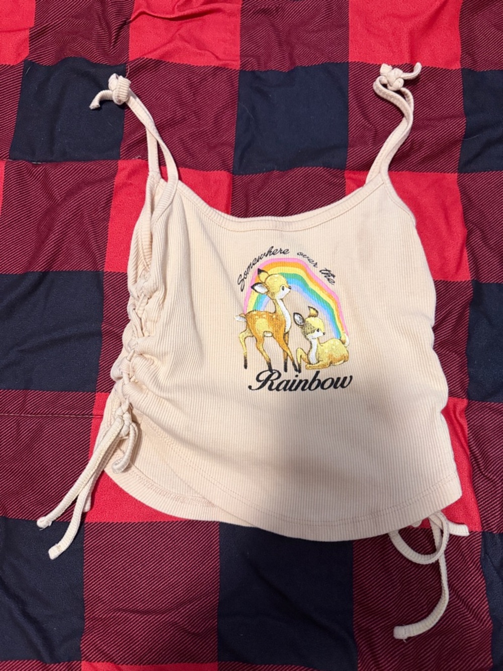 Cream Ribbed Tie-Side Tank with Rainbow Deer Graphic